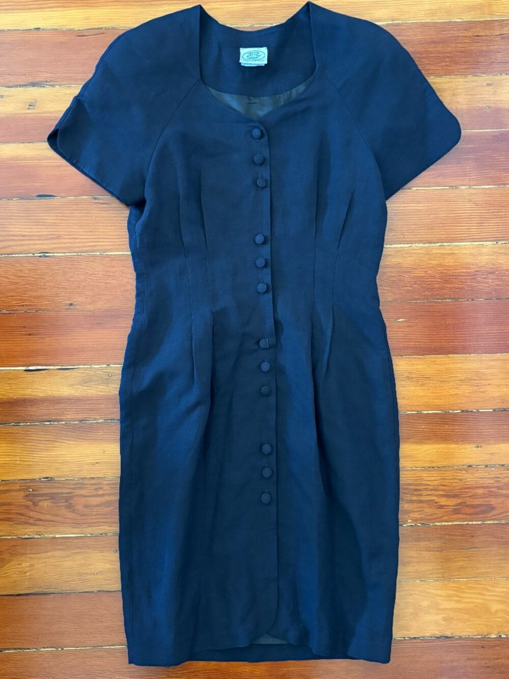 Laura Ashley Navy Button-Front Sheath Dress with Tie Belt Linen Blend SIZE 6